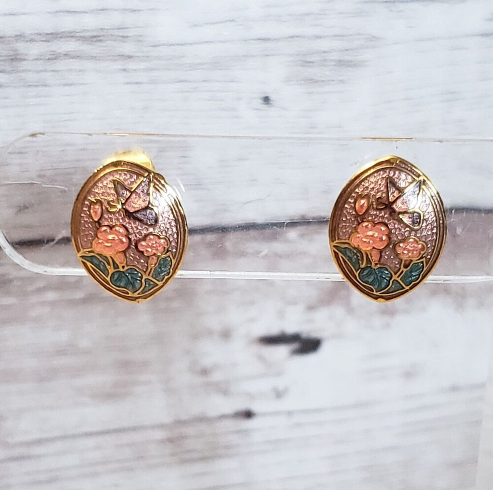 Vintage Clip On Earrings - 5/8" Oval Shape with Butterfly & Flowers Design